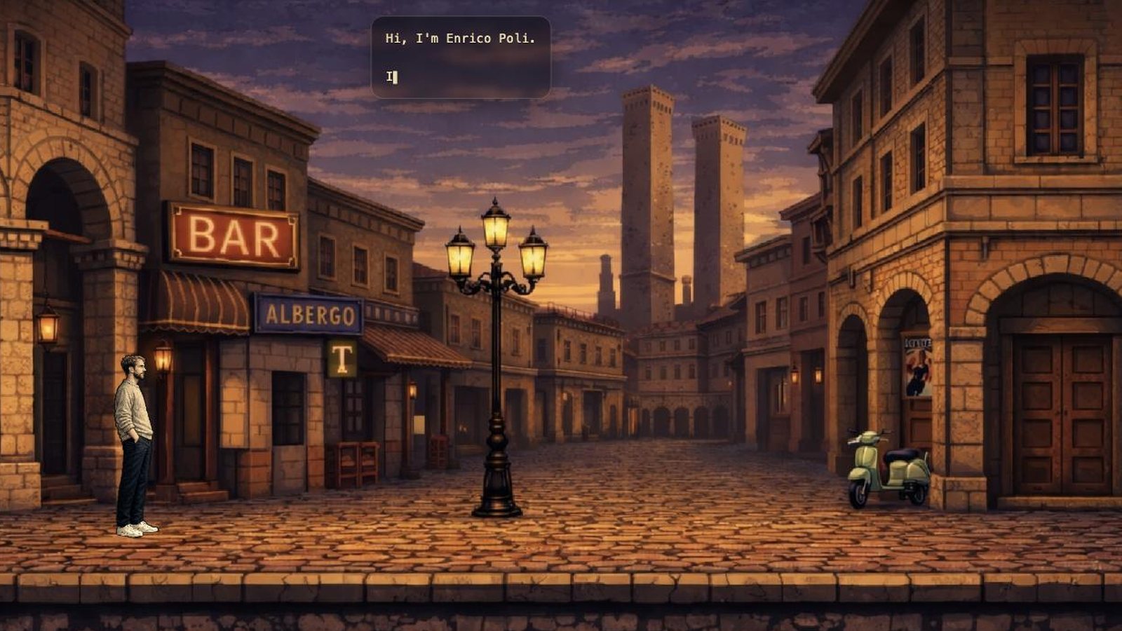 Pixel-art Bologna street in the 1950s at dusk, with Enrico standing under the arcades