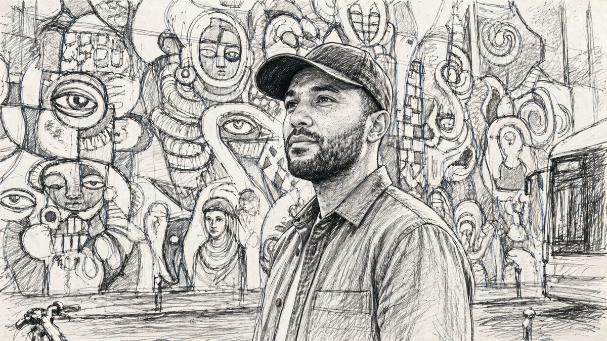 Sketched storyboard frame: the mural