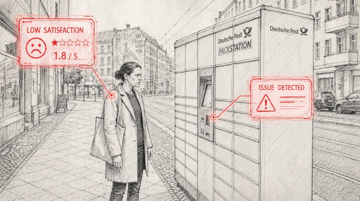 Sketched storyboard frame: the packstation