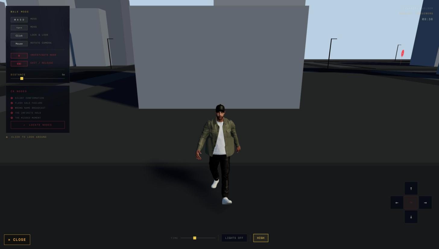 The CX Field: Karim walking a 3D Kreuzberg street, with the list of CX nodes to fix