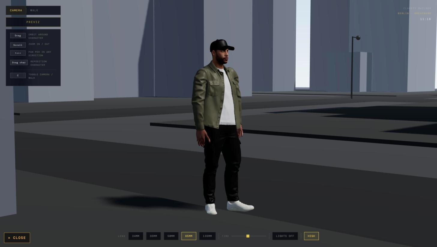 Open Camera: Karim in the 3D street at golden hour, lens and time-of-day controls