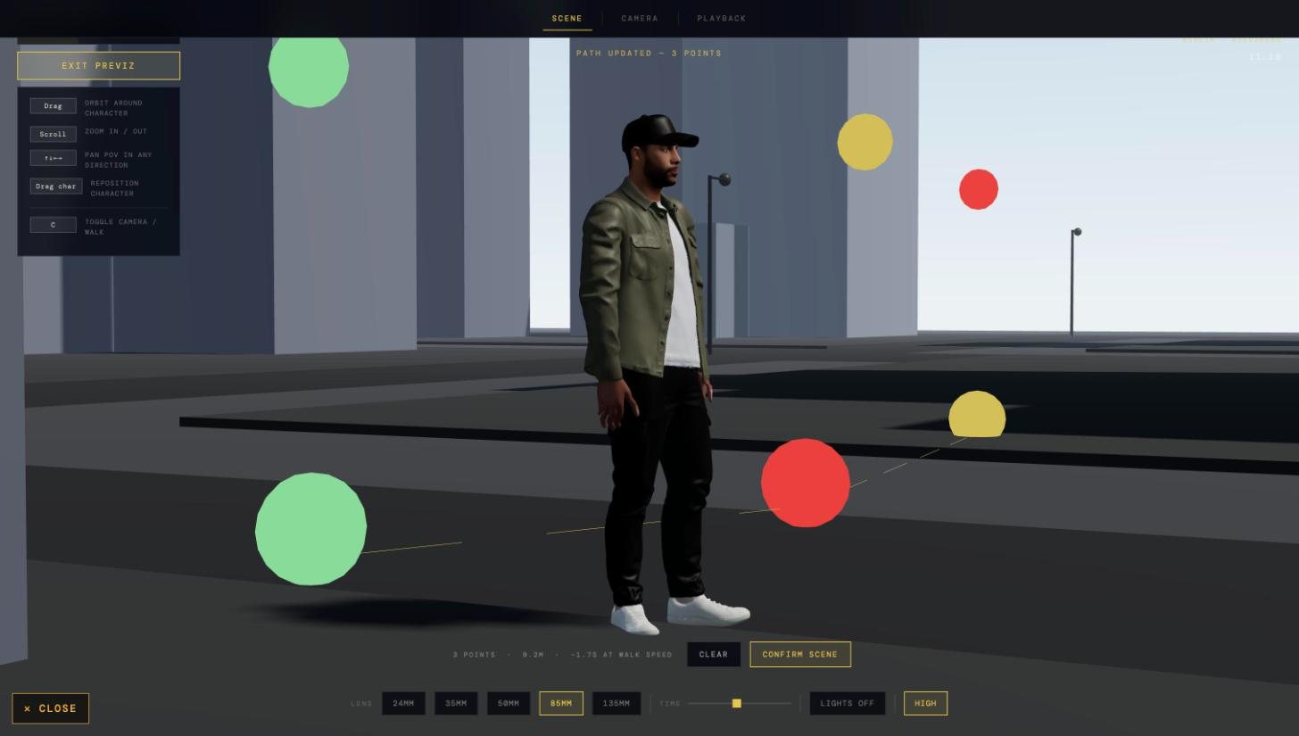 Open Camera: previz mode with the character’s path marked on the street