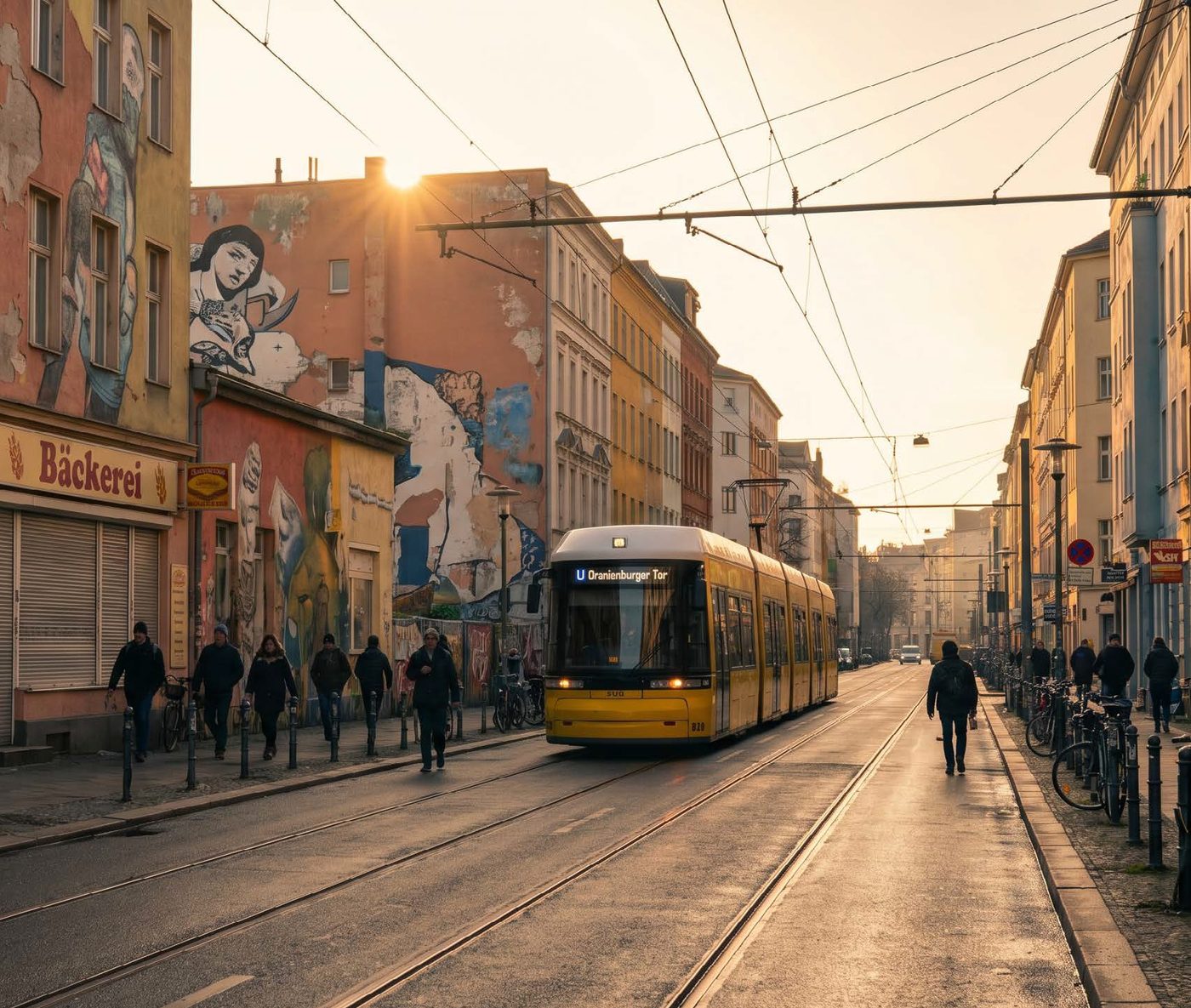 Location: street at dawn with a yellow tram