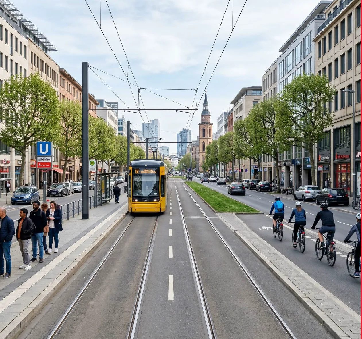 Location: wide avenue with tram tracks and cyclists