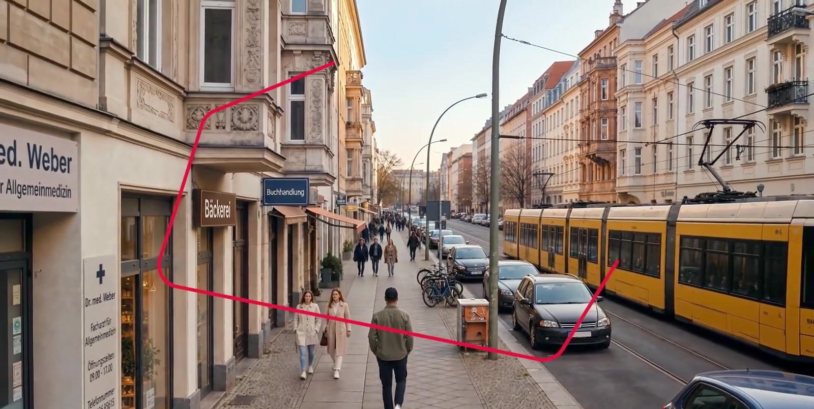 Film frame: a Kreuzberg street with a tram, a red Twilio outline drawn over the pavement