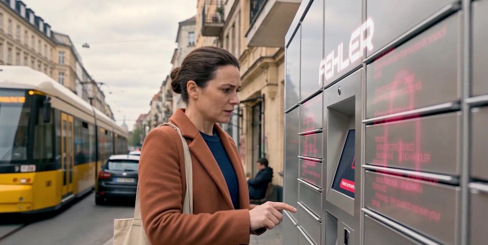 Film frame: Lena at the Packstation, the word FEHLER glowing red on the locker