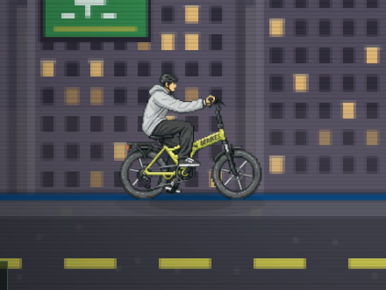 Final version with a high-resolution rider over the pixel city