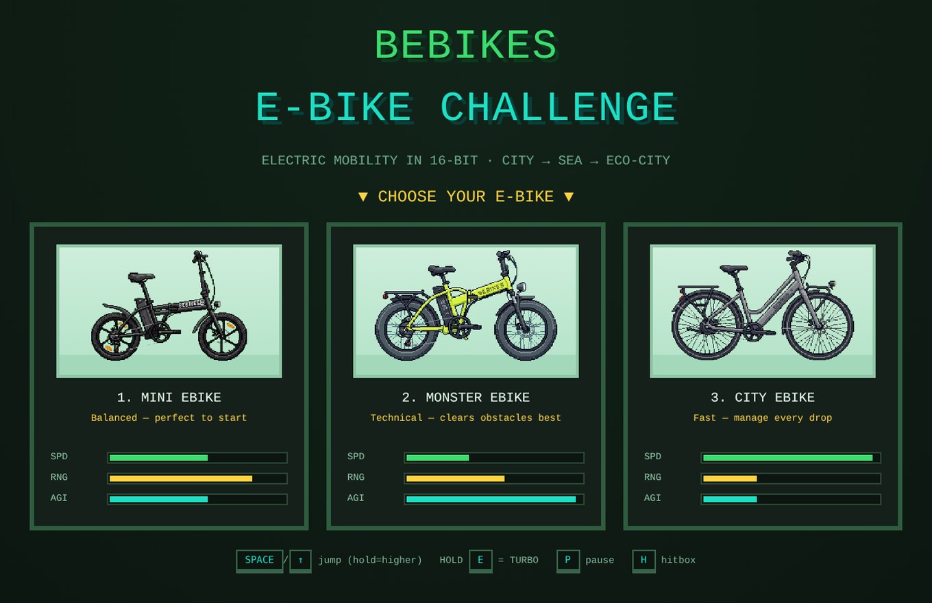 Bike selection screen with mini, monster and city e-bikes