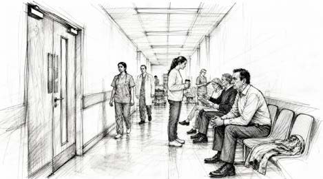 Sketched storyboard frame: hospital corridor
