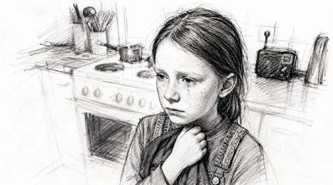 Sketched storyboard frame: kitchen
