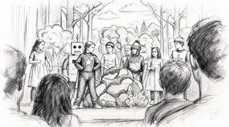 Sketched storyboard frame: school hall