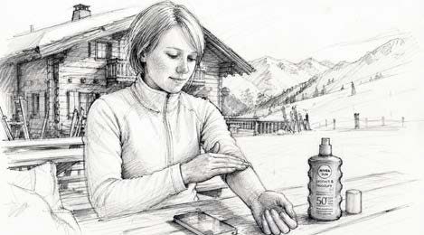Sketched storyboard frame: ski lodge
